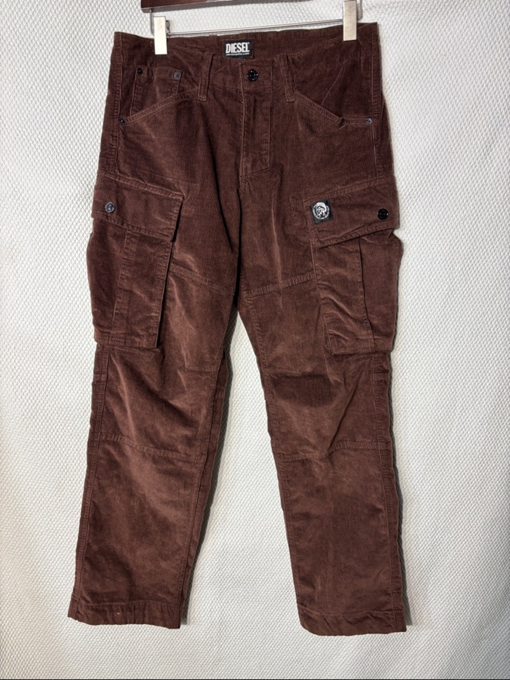 Diesel Sz 30 Unisex Brown Corduroy Cargo Trousers Multiple Pocket Zipper Closure
